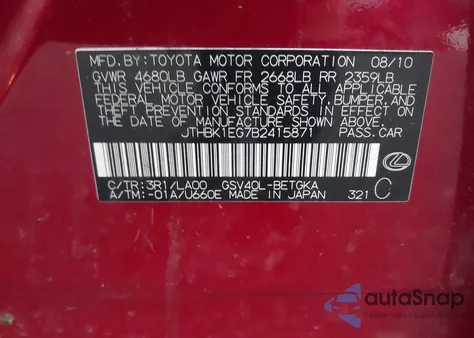 2011 Lexus Es 350 350 from USA, damaged, VIN JTHBK1EG7B2415871